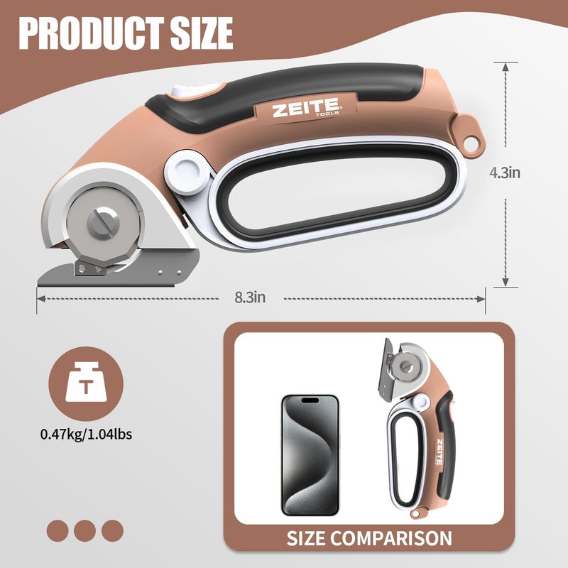zeite 4V Cordless Electric Scissors Cardboard Cutter with 2 Blades,Storage Case,Rotary Cutter for Box Plastic Carpet Fabric, Easy to Hold and Safe,Mocha - Image 4